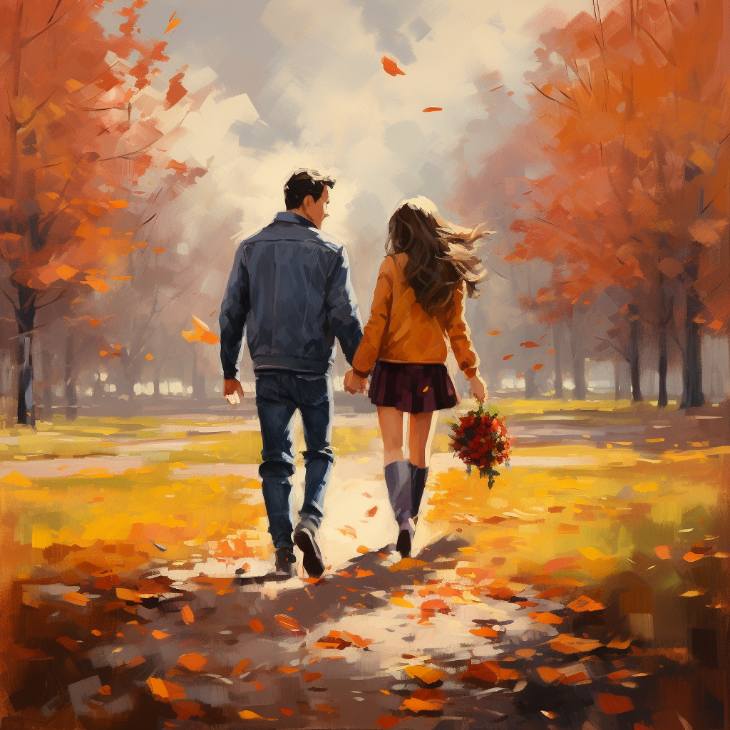 Un couple se tenant la main marchant dans une forêt en automne