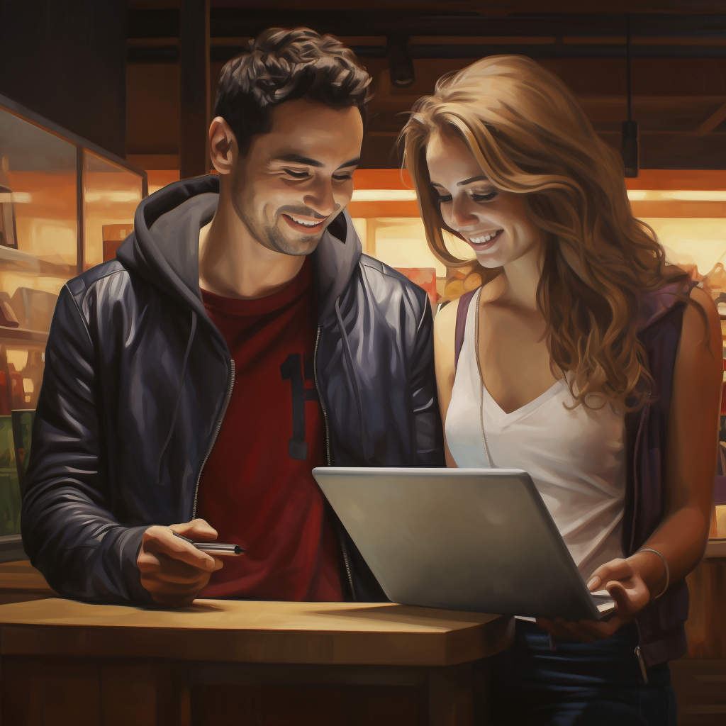 Un couple qui regardent en souriant un ordinateur