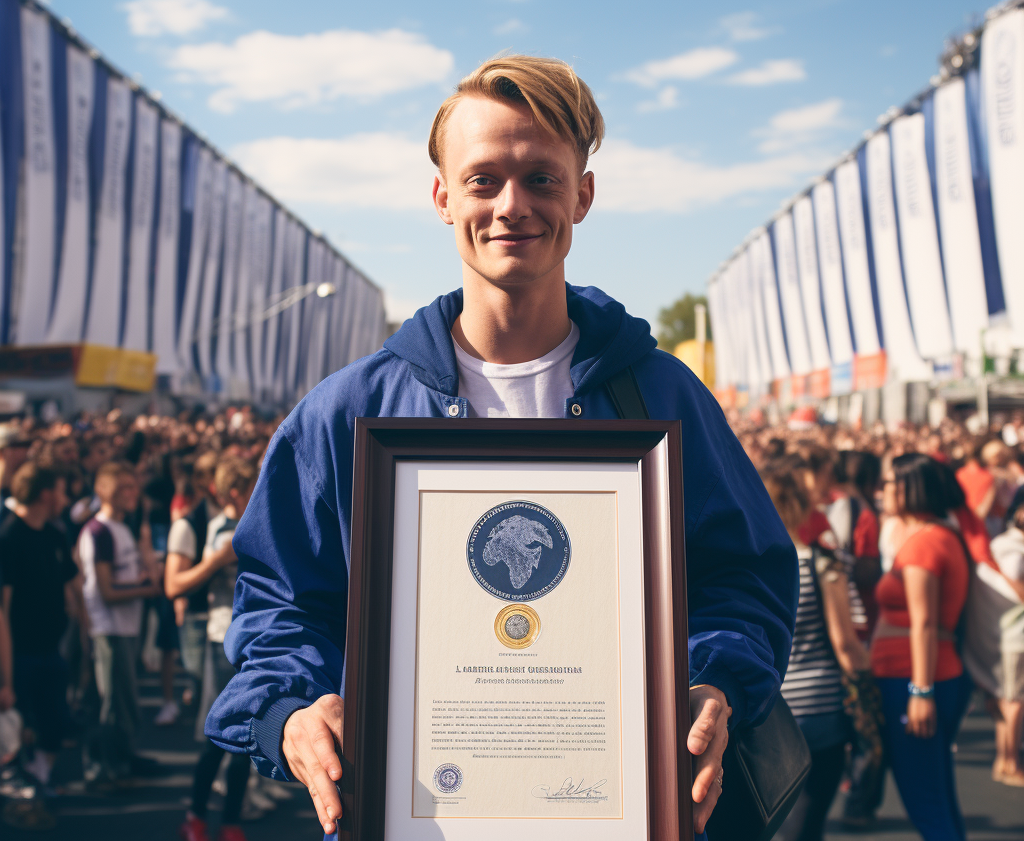 Un homme blond tenant une certification du Guinness World Records
