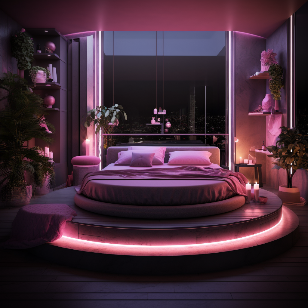 Chambre ou love room avec un lit rond et une ambiance romantique